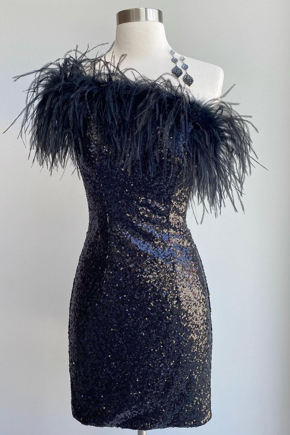 Misshow Blue Tight Sequins Homecoming Dress/Mini Dress with Feathers