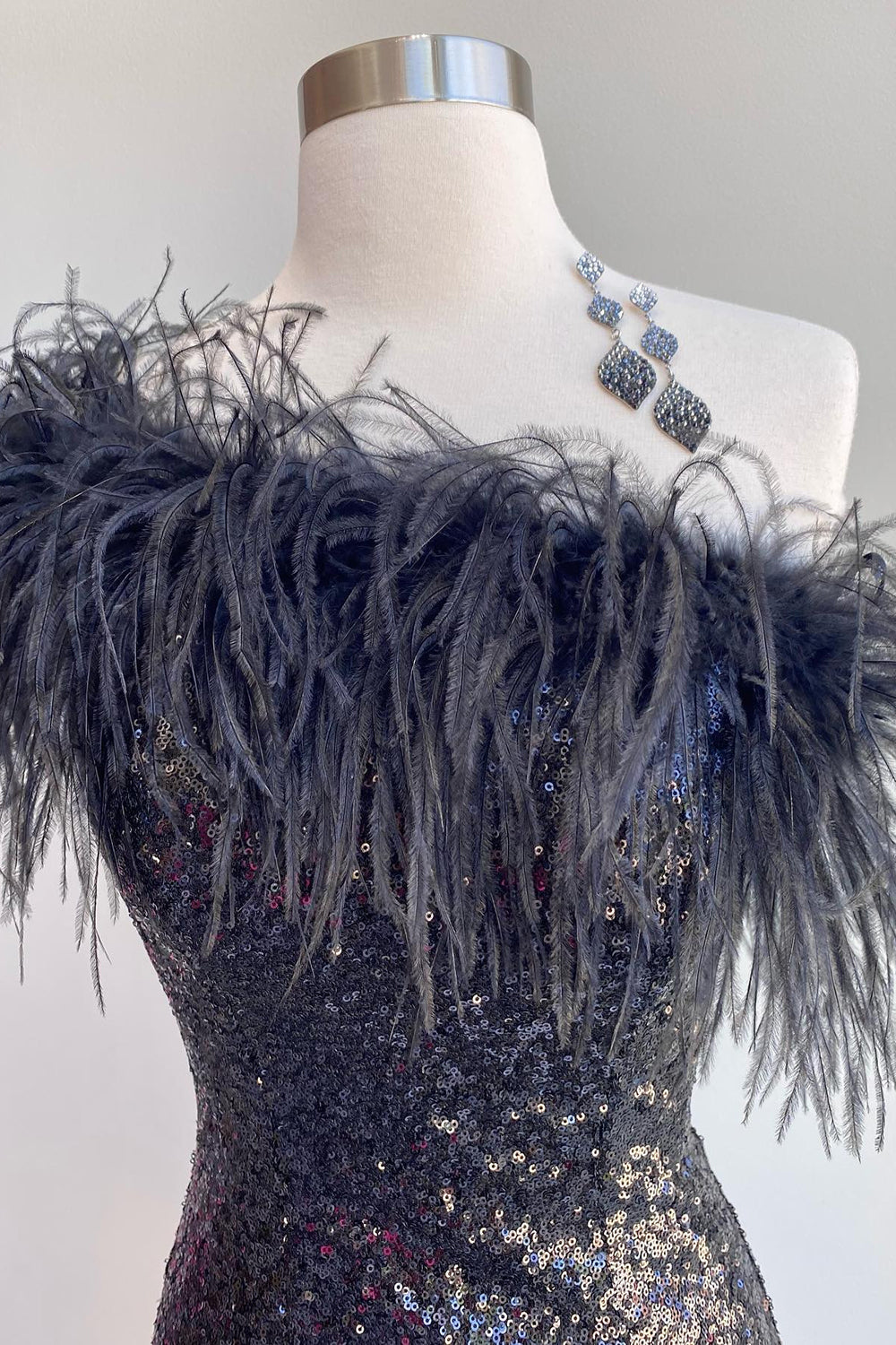 Misshow Blue Tight Sequins Homecoming Dress/Mini Dress with Feathers