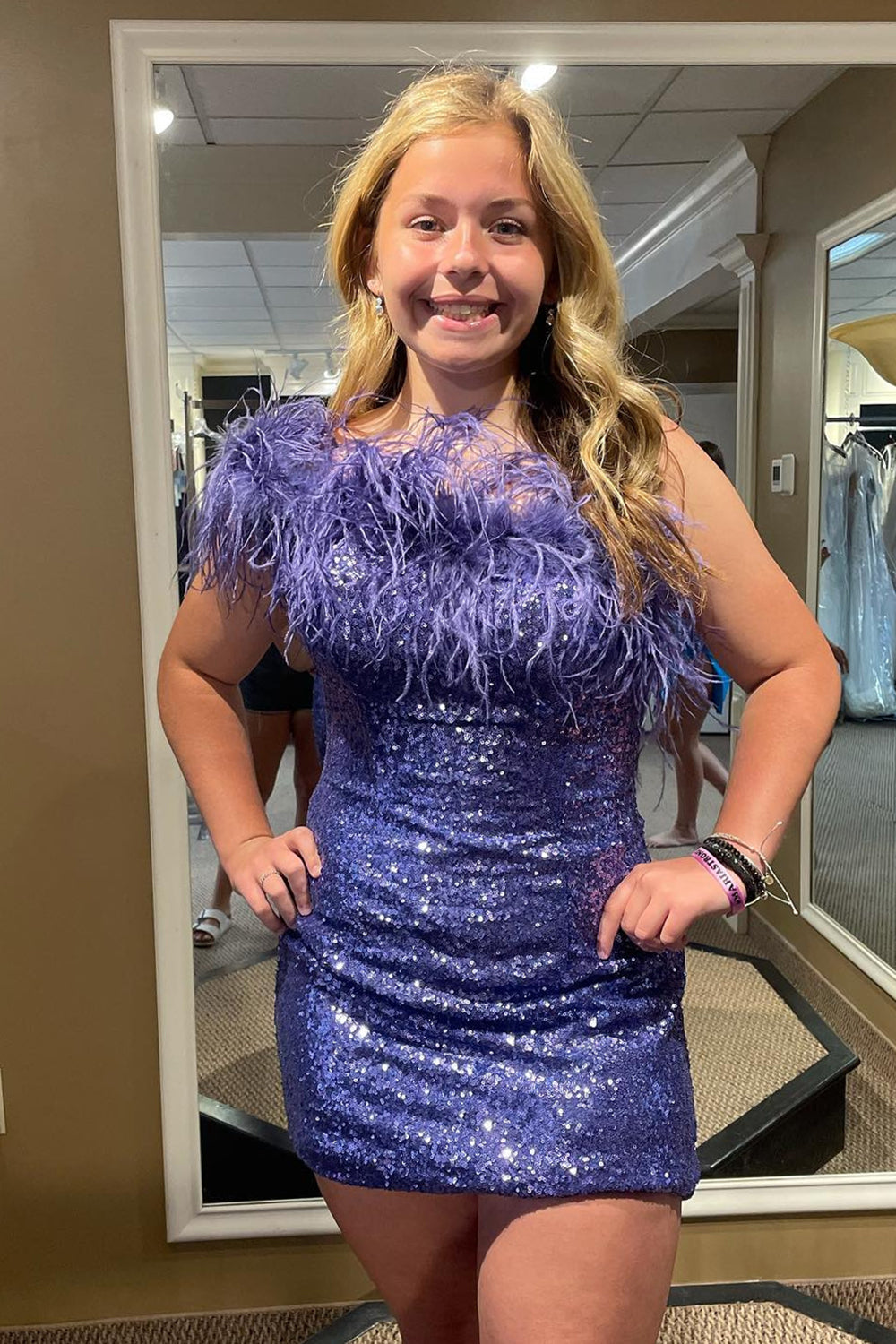 Misshow Blue Tight Sequins Homecoming Dress/Mini Dress with Feathers