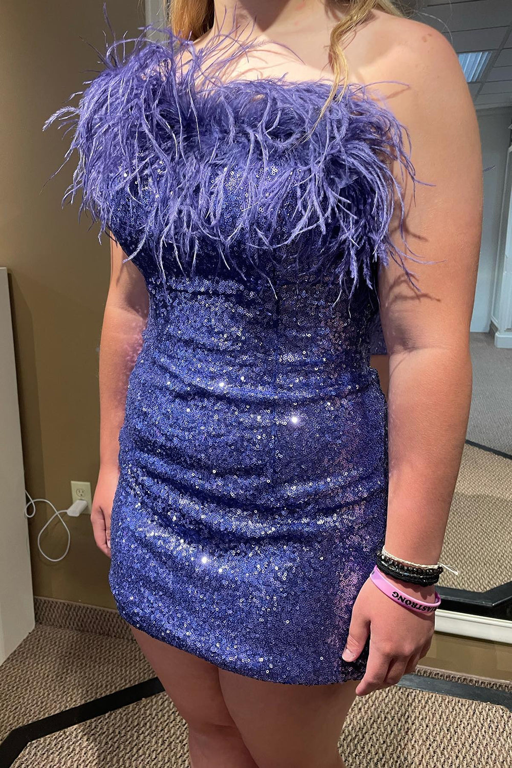 Misshow Blue Tight Sequins Homecoming Dress/Mini Dress with Feathers
