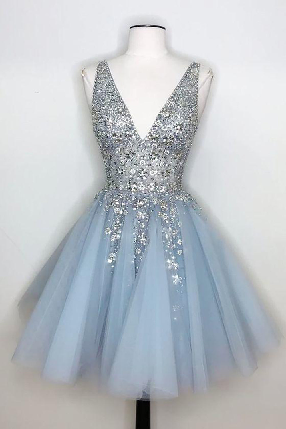 Misshow Blue V Neck Homecoming Dress/Mini Dress With Beadings