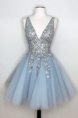 Misshow Blue V Neck Homecoming Dress/Mini Dress With Beadings
