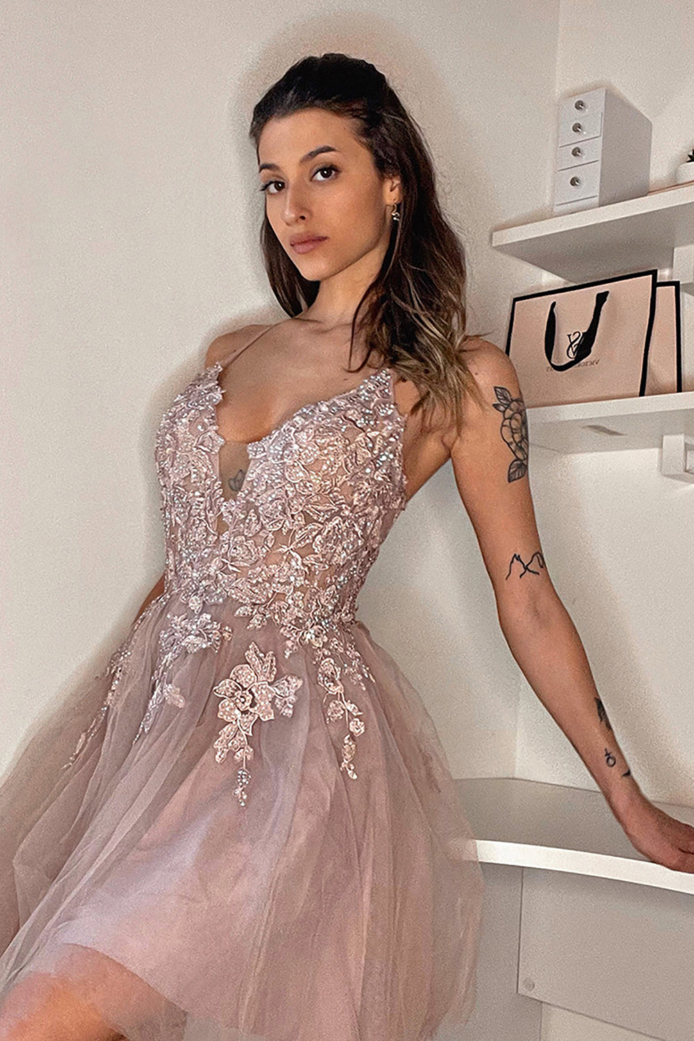 Misshow Blush A-Line Tulle Short Homecoming Dress/Mini Dress with Appliques