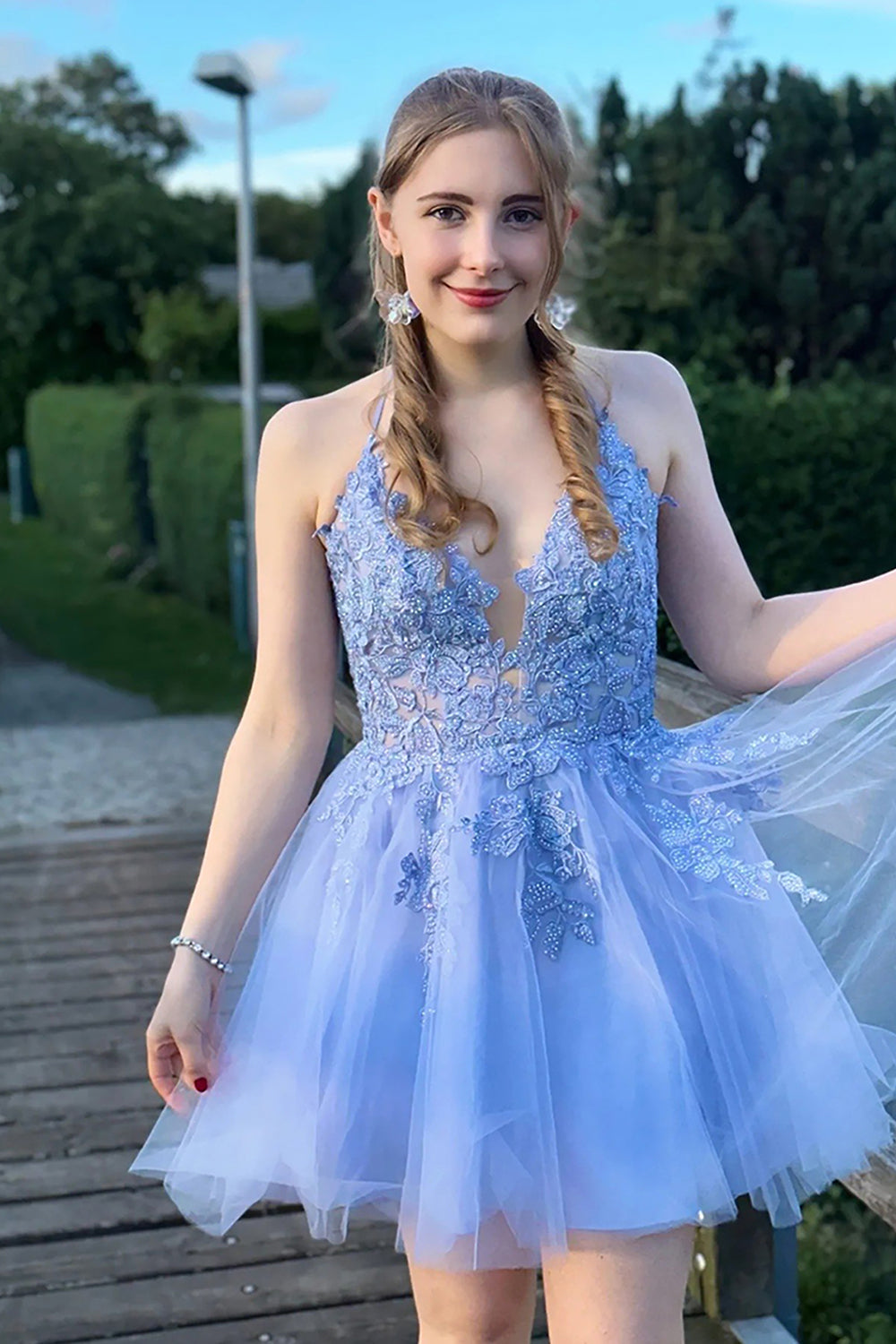 Misshow Blush A-Line Tulle Short Homecoming Dress/Mini Dress with Appliques