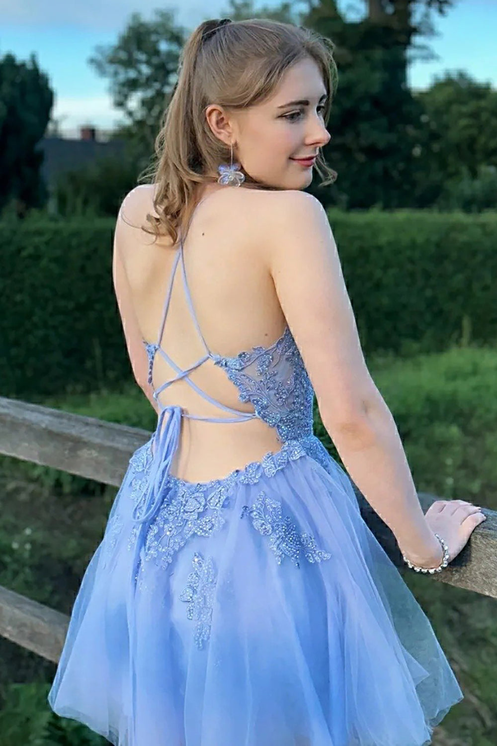 Misshow Blush A-Line Tulle Short Homecoming Dress/Mini Dress with Appliques