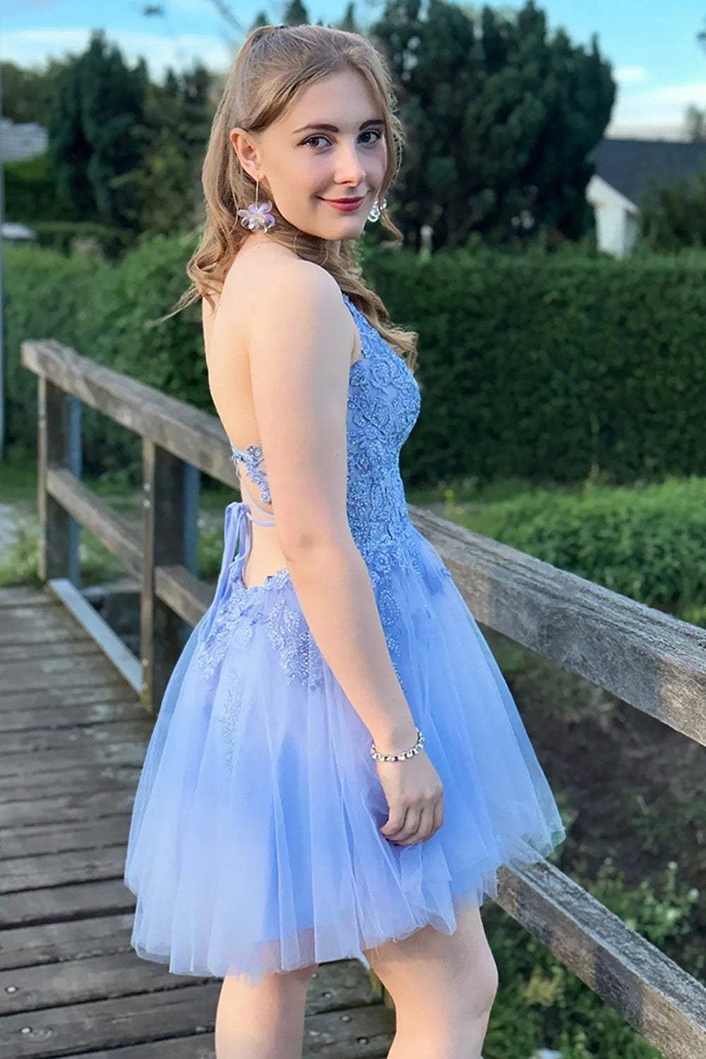 Misshow Blush A-Line Tulle Short Homecoming Dress/Mini Dress with Appliques