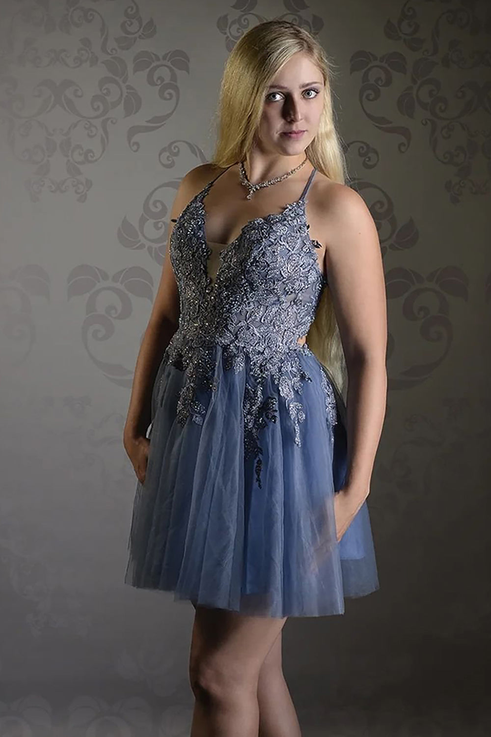 Misshow Blush A-Line Tulle Short Homecoming Dress/Mini Dress with Appliques