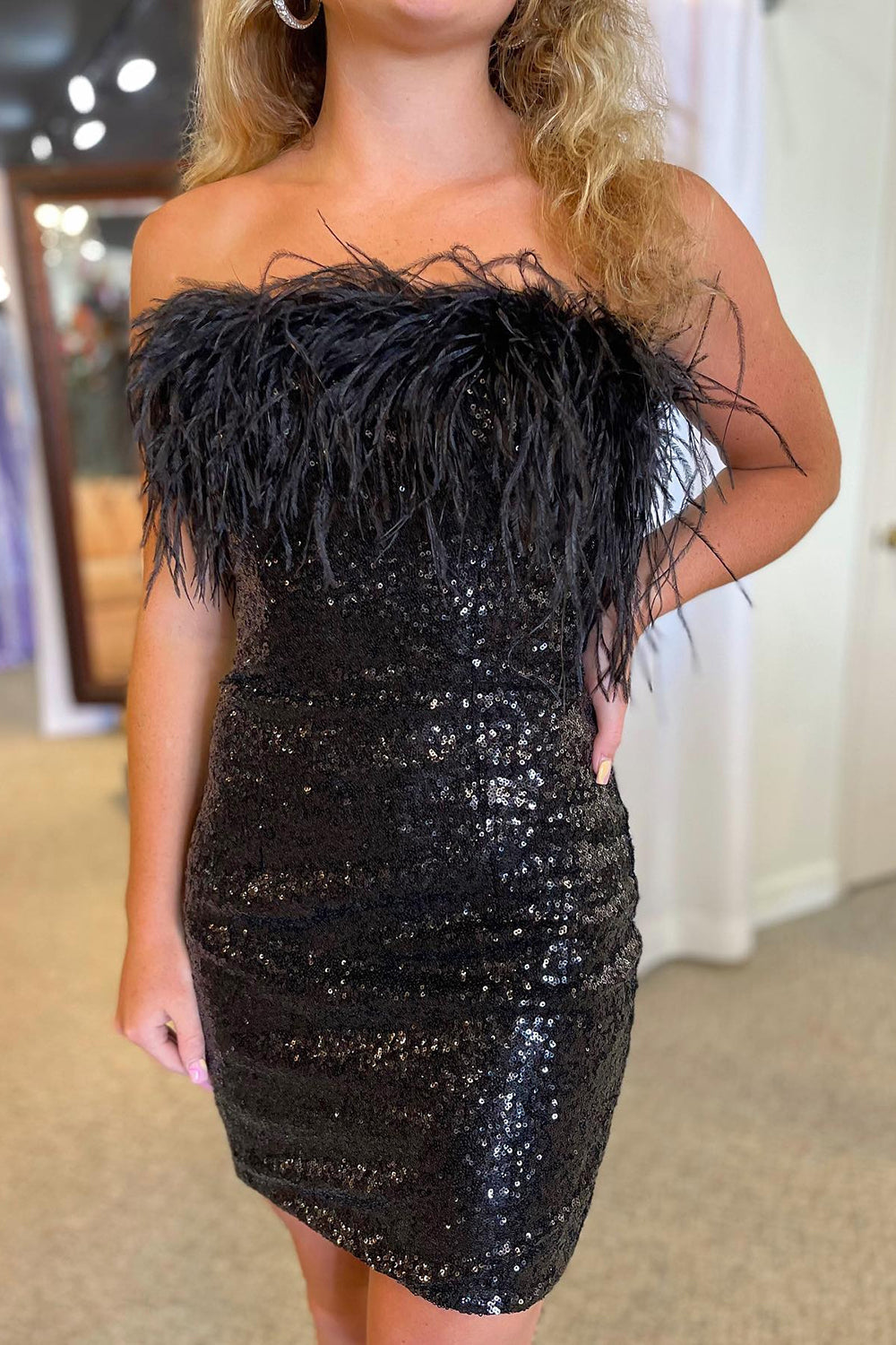 Misshow Blush Sparkly Tight Sequins Homecoming Dress/Mini Dress with Feathers
