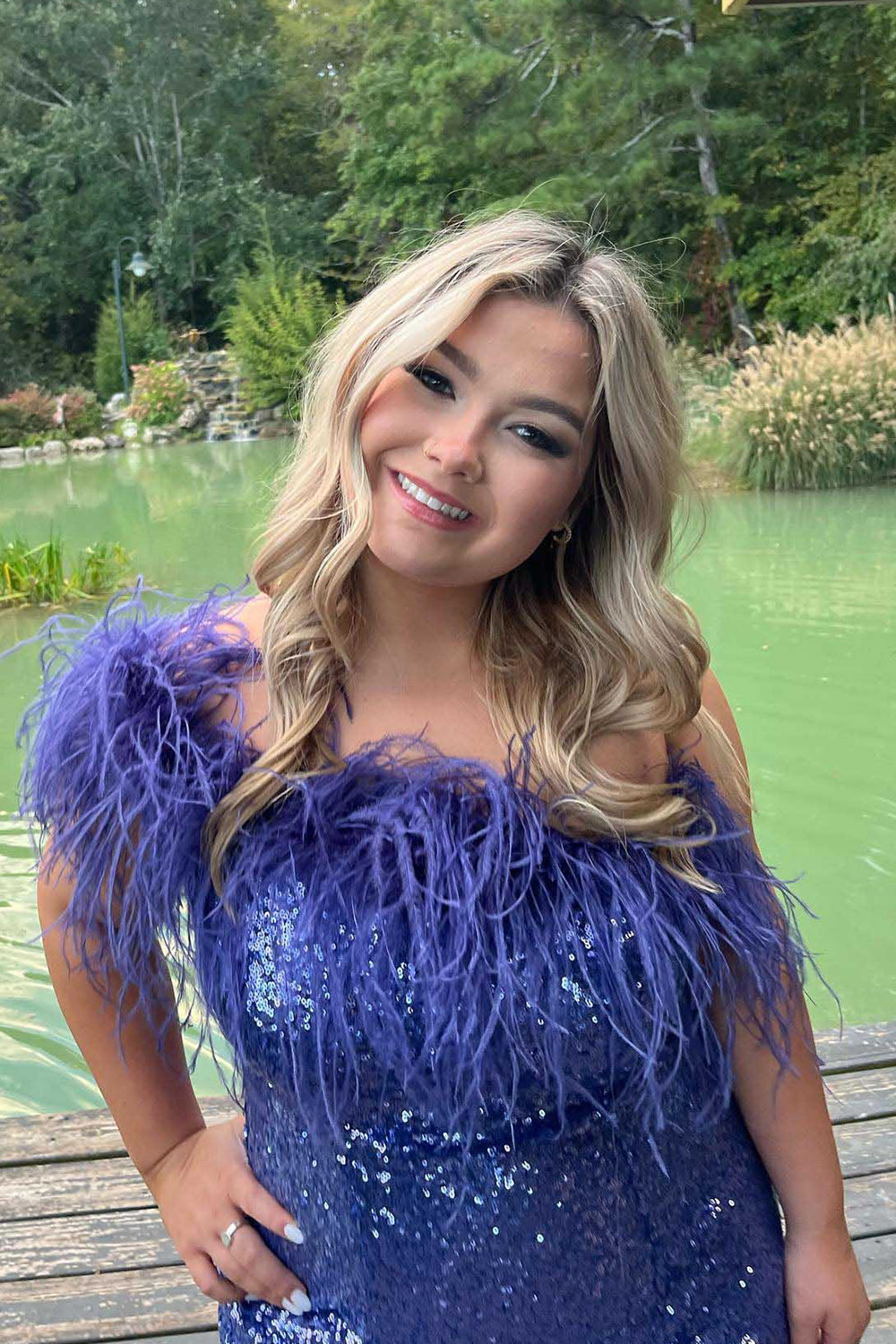 Misshow Blush Sparkly Tight Sequins Homecoming Dress/Mini Dress with Feathers