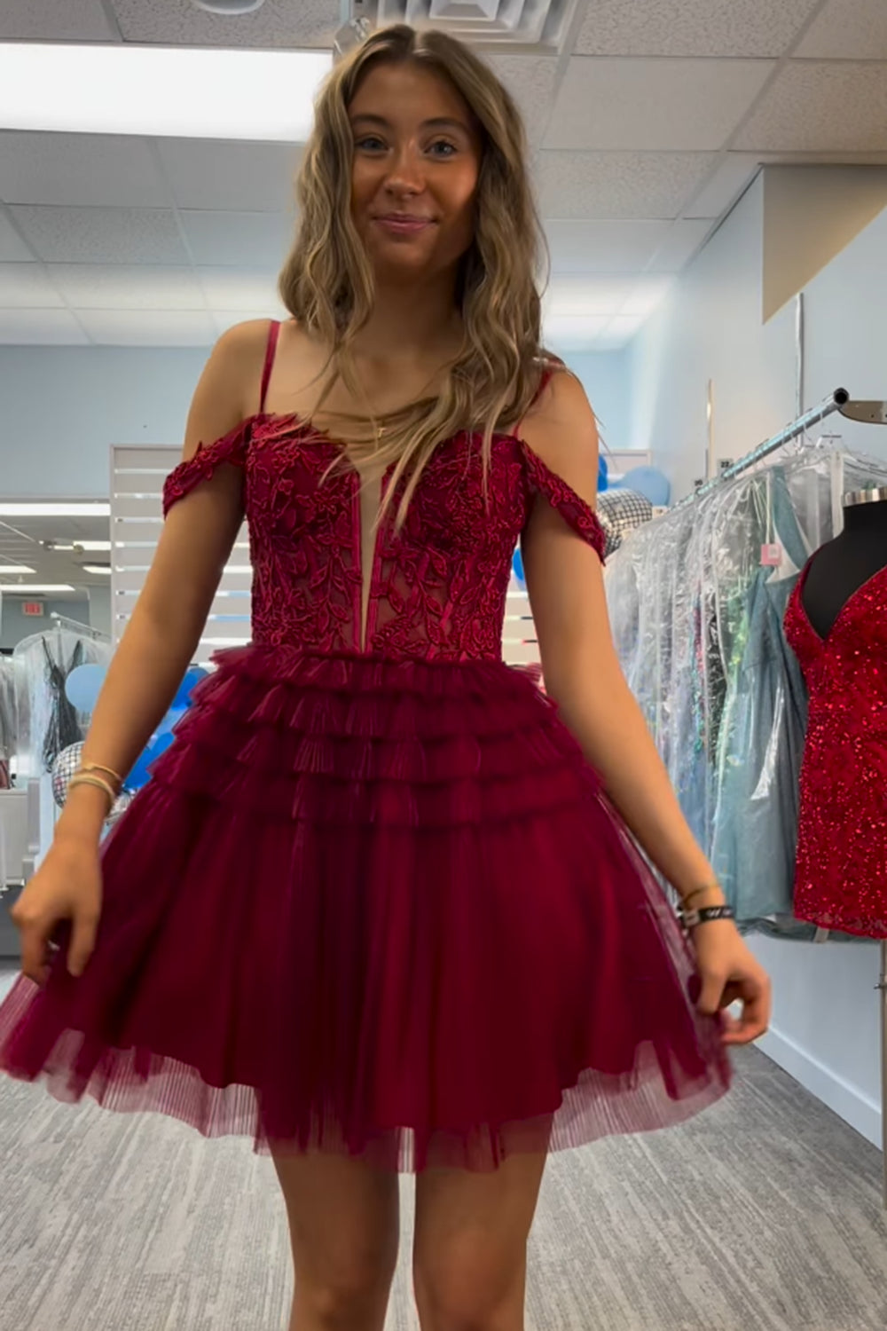 Misshow Burgundy A-Line Corset Short Homecoming Dress/Mini Dress with Lace