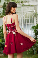 Misshow Burgundy A Line Spaghetti Straps Homecoming Dress/Mini Dress With 3D Flowers