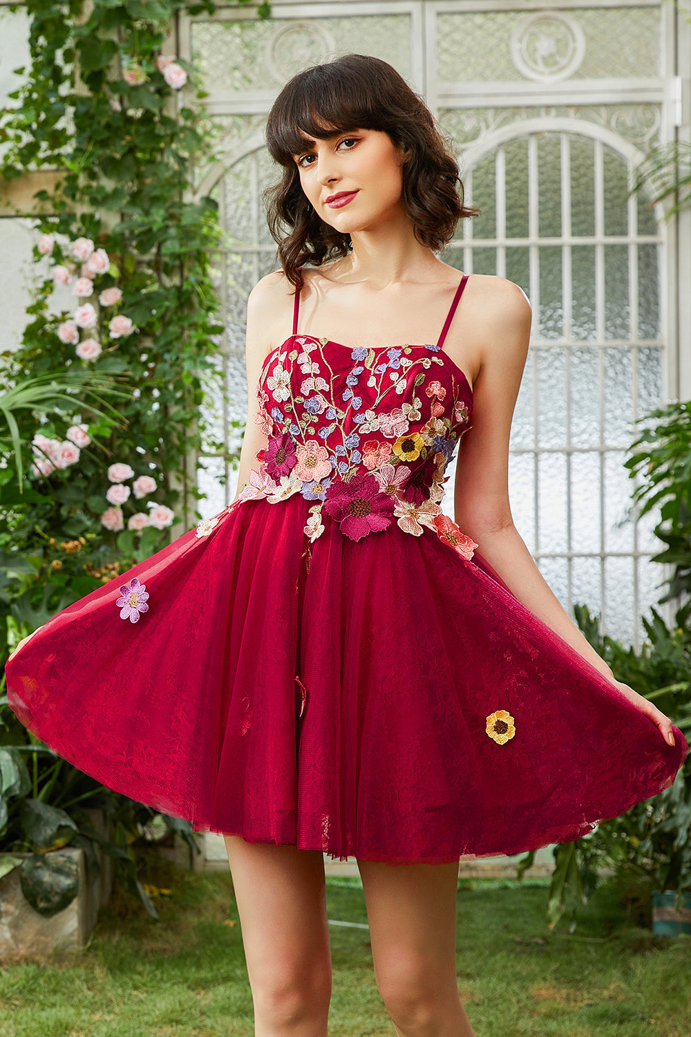 Misshow Burgundy A Line Spaghetti Straps Homecoming Dress/Mini Dress With 3D Flowers