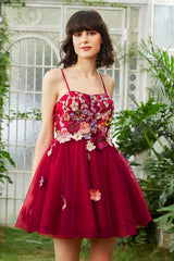 Misshow Burgundy A Line Spaghetti Straps Homecoming Dress/Mini Dress With 3D Flowers
