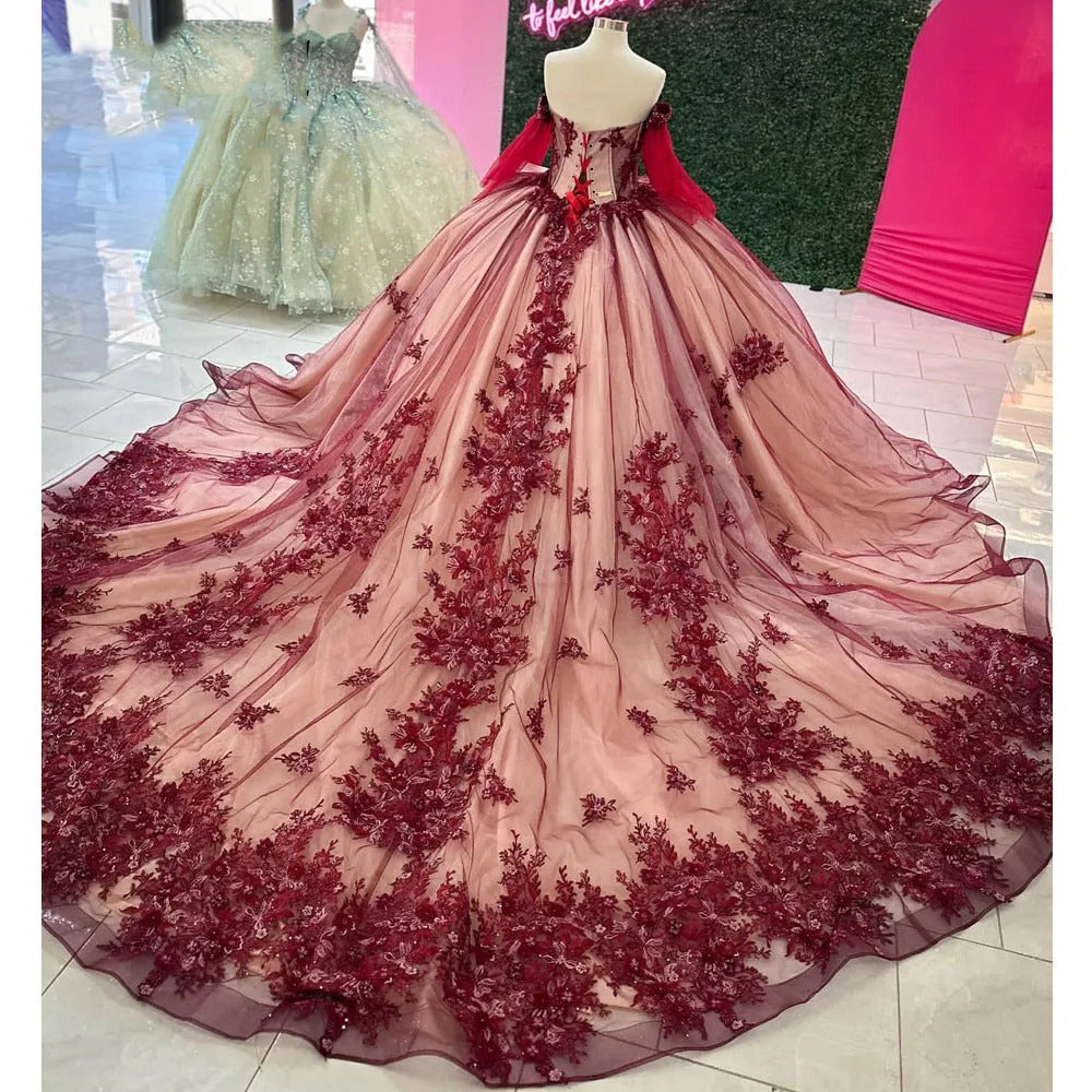 Misshow Burgundy Ball Gown Off-Shoulder Long Sleeves with Beaded 3D Flower Lace Appliques for Quinceanera Sweet 16 & Princess Birthday Parties