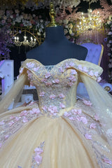 Misshow Champagne Ball Gown Off-Shoulder Sleeveless Tulle Dress with Beaded 3D Floral Appliques for Quinceanera Sweet 16 & Evening Galas