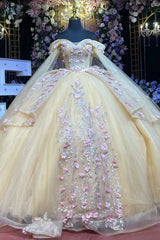 Misshow Champagne Ball Gown Off-Shoulder Sleeveless Tulle Dress with Beaded 3D Floral Appliques for Quinceanera Sweet 16 & Evening Galas