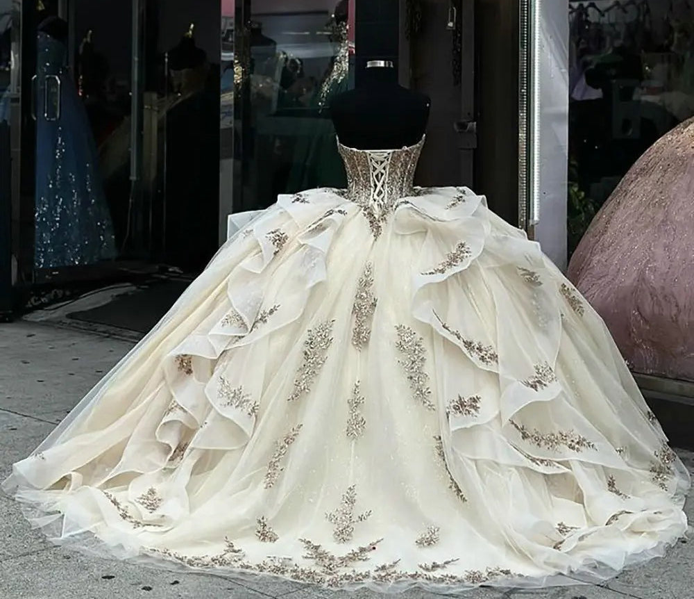 Misshow Champagne Ball Gown Sweetheart Neckline with Lace Appliques & Tiered Ruffles for Quinceanera Sweet 16 or Graduation