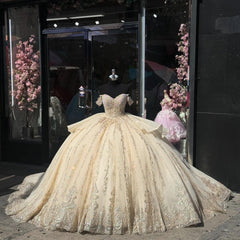 Misshow Champagne Gold Beaded Ball Gown Off-Shoulder Sleeveless Quinceanera Dress with Tulle Skirt & Bow Detail for Sweet 16 Birthday & Formal Events