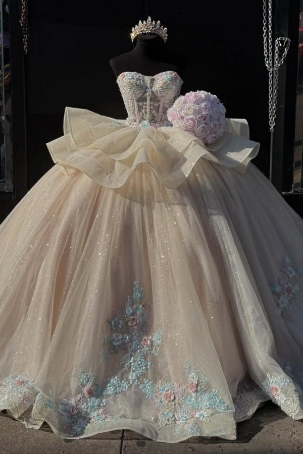 Misshow Champagne Quinceanera Dress Strapless Tiered Tulle Gown with 3D Floral Appliques & Lace-Up Detail for Sweet 16 & Birthday Parties