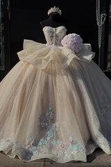 Misshow Champagne Quinceanera Dress Strapless Tiered Tulle Gown with 3D Floral Appliques & Lace-Up Detail for Sweet 16 & Birthday Parties