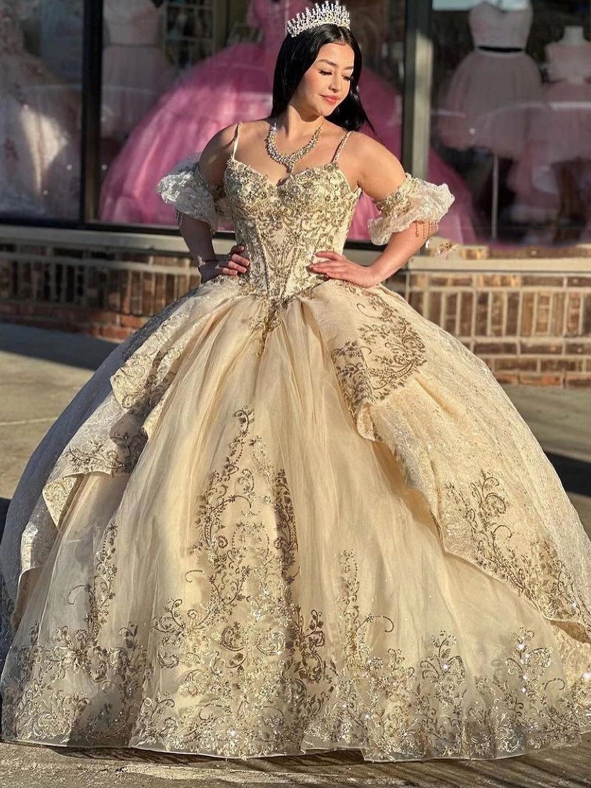 Misshow Champagne Quinceanera Dress Sweetheart Neckline Detachable Sleeves & Tiered Lace Applique Ball Gown for Sweet 16 Birthday & Evening Galas