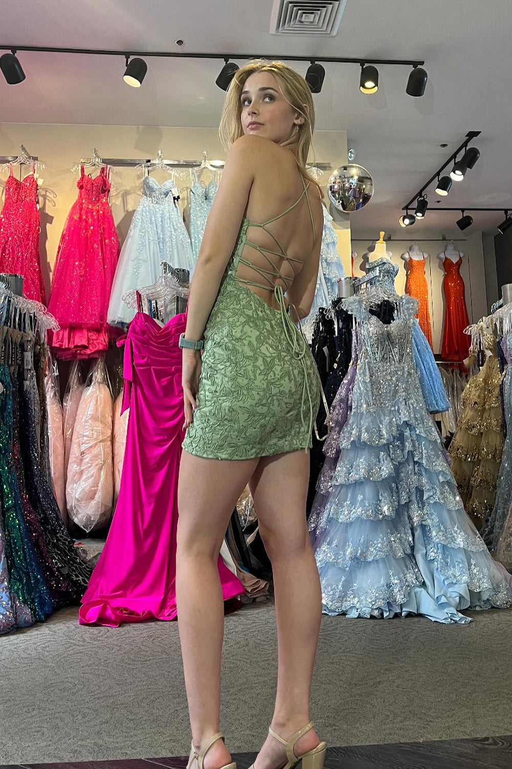 Misshow Champagne Spaghetti Straps Tight Short Homecoming Dress/Mini Dress with Appliques