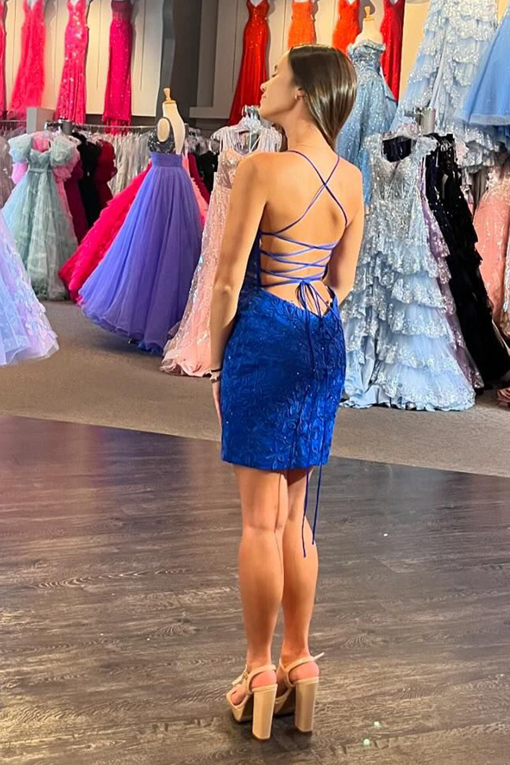 Misshow Champagne Spaghetti Straps Tight Short Homecoming Dress/Mini Dress with Appliques