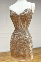 Misshow Champagne Spaghetti Straps Tight Short Homecoming Dress/Mini Dress with Appliques
