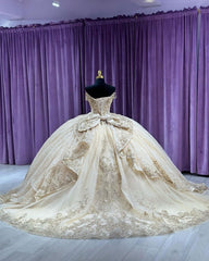 Misshow Champagne Tulle Quinceanera Dress Sweetheart Ball Gown with Lace Appliques & Beaded Ruffles