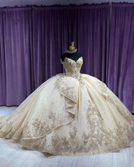 Misshow Champagne Tulle Quinceanera Dress Sweetheart Ball Gown with Lace Appliques & Beaded Ruffles