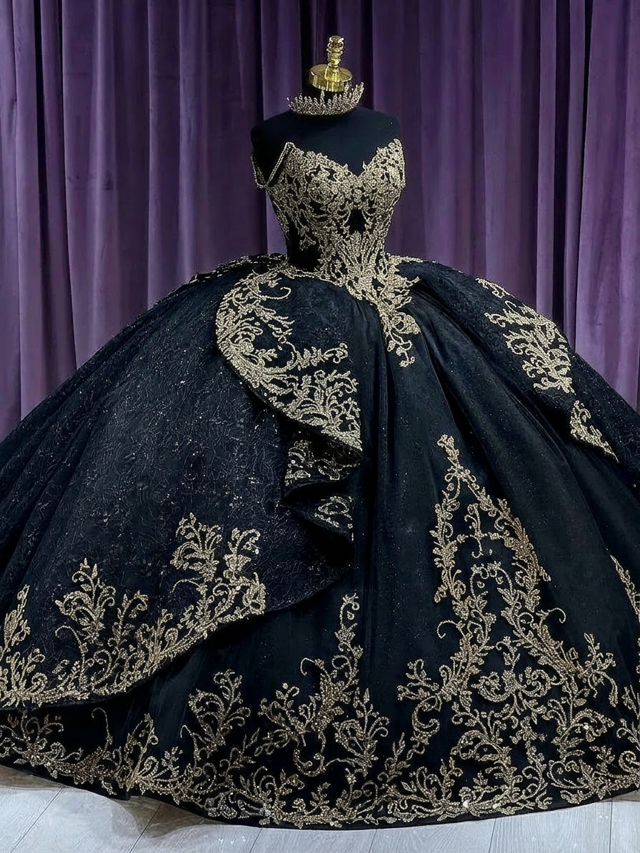 Misshow Champagne Tulle Quinceanera Dress Sweetheart Ball Gown with Lace Appliques & Beaded Ruffles