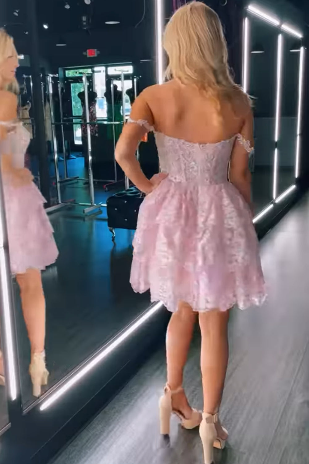 Misshow Cute Pink Off The Shoulder A Line Short Homecoming Dress/Mini Dress with Lace