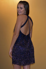 Misshow Dark Blue Open Back Sequins Homecoming Dress/Mini Dress