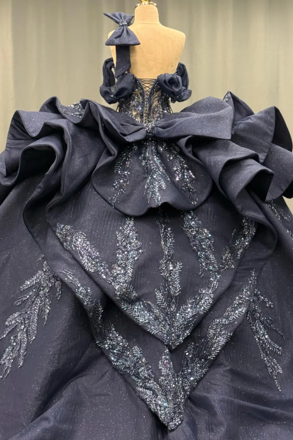 Misshow Dark Navy Quinceanera Dress One-Shoulder Beaded Ball Gown with Tiered Ruffles & Sparkly Appliques