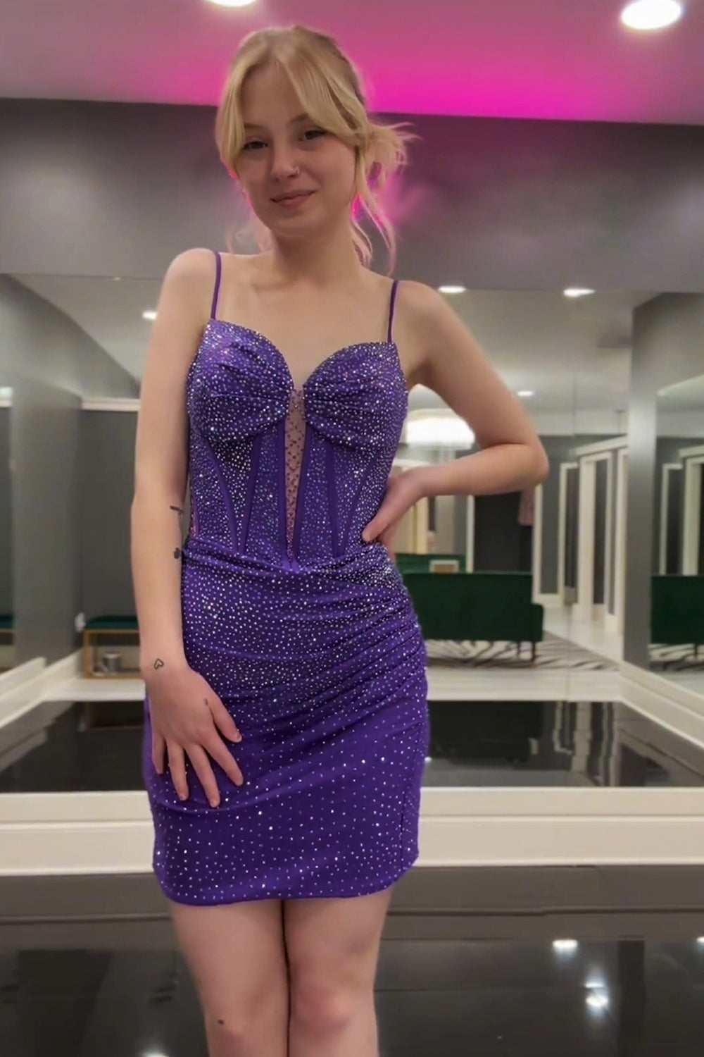 Misshow Dark Purple Sparkly Corset Tight Short Homecoming Dress/Mini Dress With Beadings