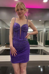 Misshow Dark Purple Sparkly Corset Tight Short Homecoming Dress/Mini Dress With Beadings