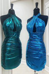 Misshow Emerald Green Cross Halter Satin Tight Short Homecoming Dress/Mini Dress