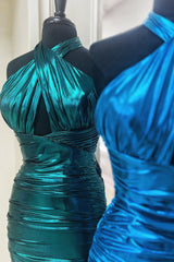 Misshow Emerald Green Cross Halter Satin Tight Short Homecoming Dress/Mini Dress