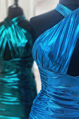 Misshow Emerald Green Cross Halter Satin Tight Short Homecoming Dress/Mini Dress