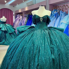 Misshow Emerald Green Quinceanera Ball Gown Off-Shoulder Sparkle Tulle Dress with Tiered Ruffles for Sweet 16 & Princess Parties