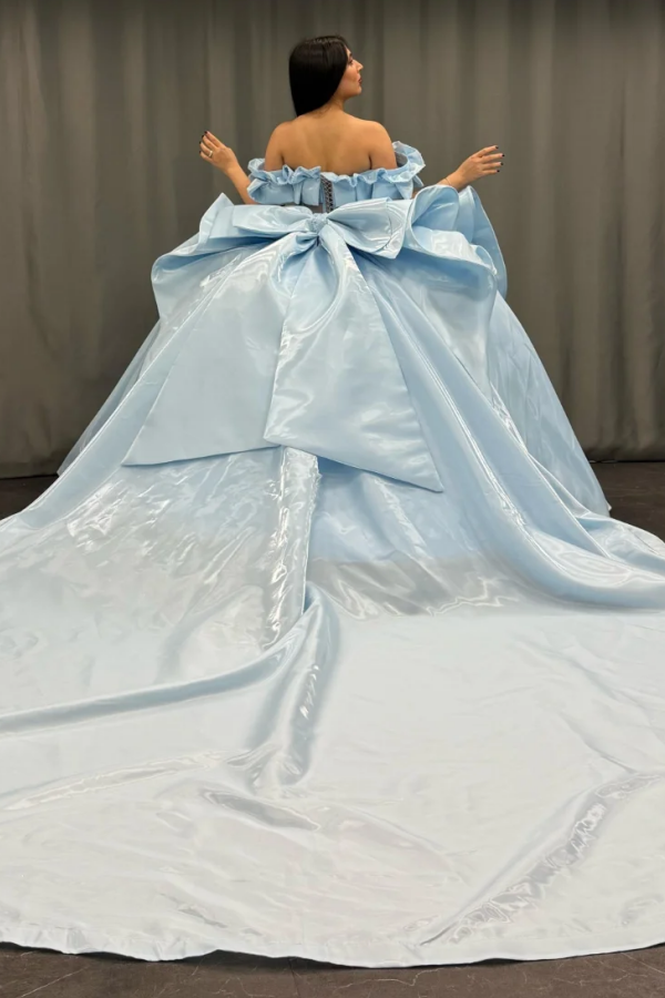 Misshow Exquisite Baby Blue Satin Quinceanera Dress Off-Shoulder Beaded Ball Gown with Sequins & Bow Detail for Sweet 16 & Birthday Parties