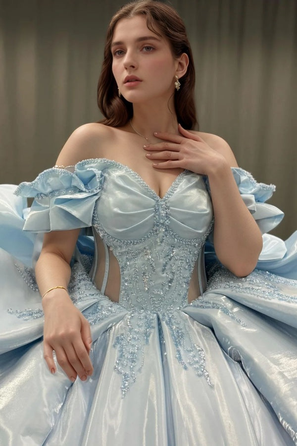 Misshow Exquisite Baby Blue Satin Quinceanera Dress Off-Shoulder Beaded Ball Gown with Sequins & Bow Detail for Sweet 16 & Birthday Parties