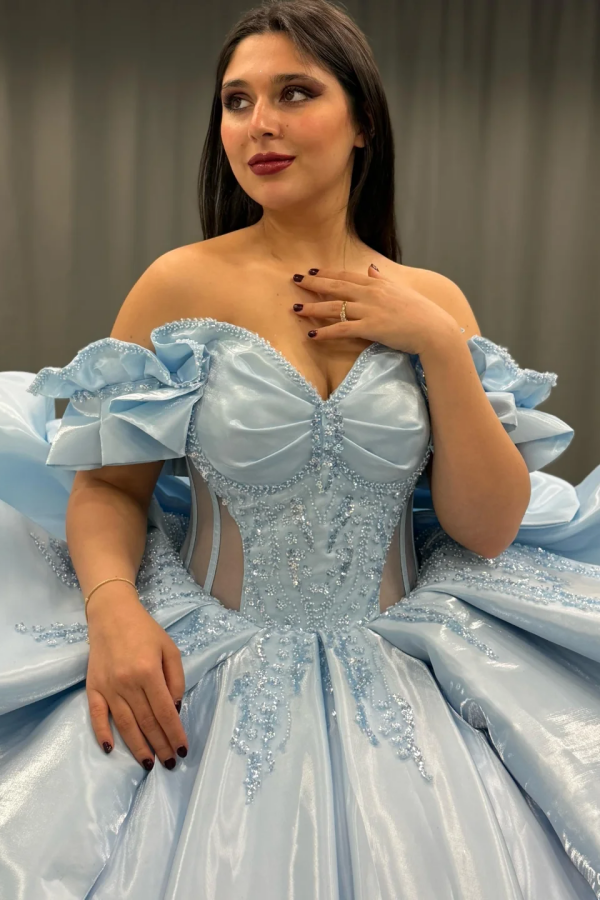 Misshow Exquisite Baby Blue Satin Quinceanera Dress Off-Shoulder Beaded Ball Gown with Sequins & Bow Detail for Sweet 16 & Birthday Parties