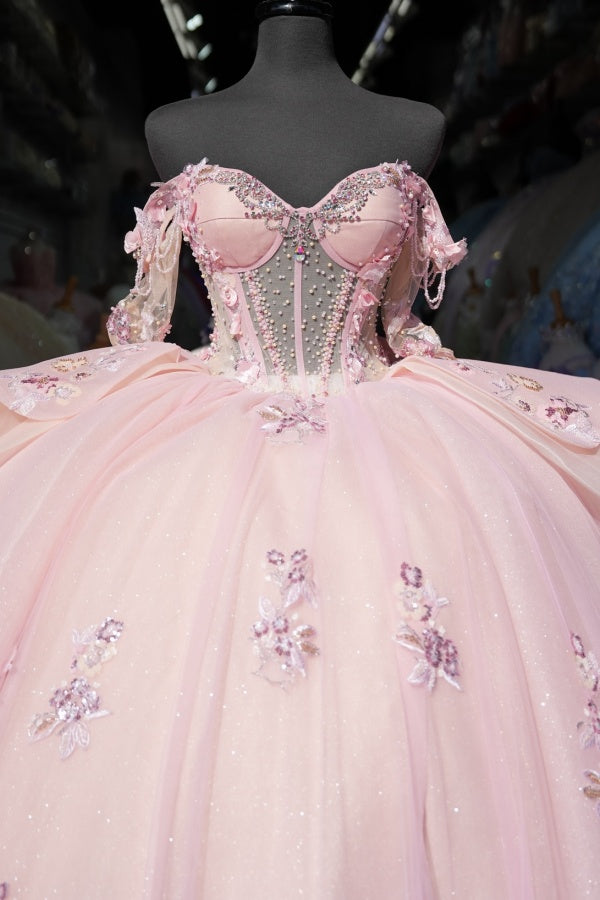 Misshow Exquisite Ball Gown Off-Shoulder Sleeveless Beaded Crystal Tulle Quinceanera Dress for Sweet 16 & Birthday Parties