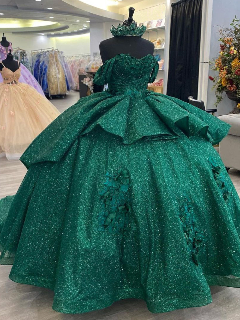 Misshow Exquisite Dark Green Ball Gown Off-Shoulder 3D Floral Tulle Dr