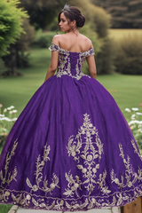Misshow Exquisite Dark Purple Quinceanera Dress Off-Shoulder Ball Gown with Gold Flower Appliques & Lace-Up Corset for Sweet 16 or Birthday Celebrations