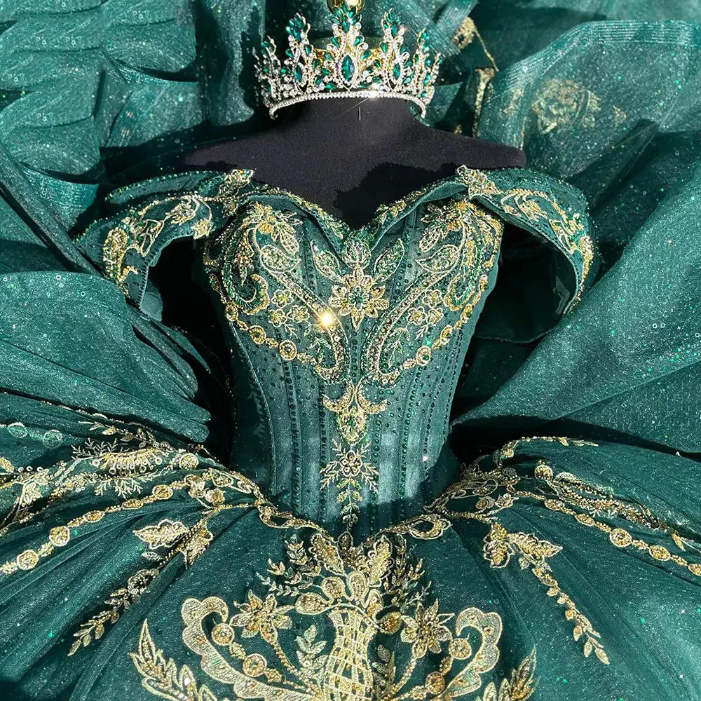 Misshow Exquisite Emerald Green Quinceanera Dress Off-Shoulder Gold Lace Ball Gown with Beaded Ruffles & Tulle Skirt for Sweet 16 or Princess Birthday