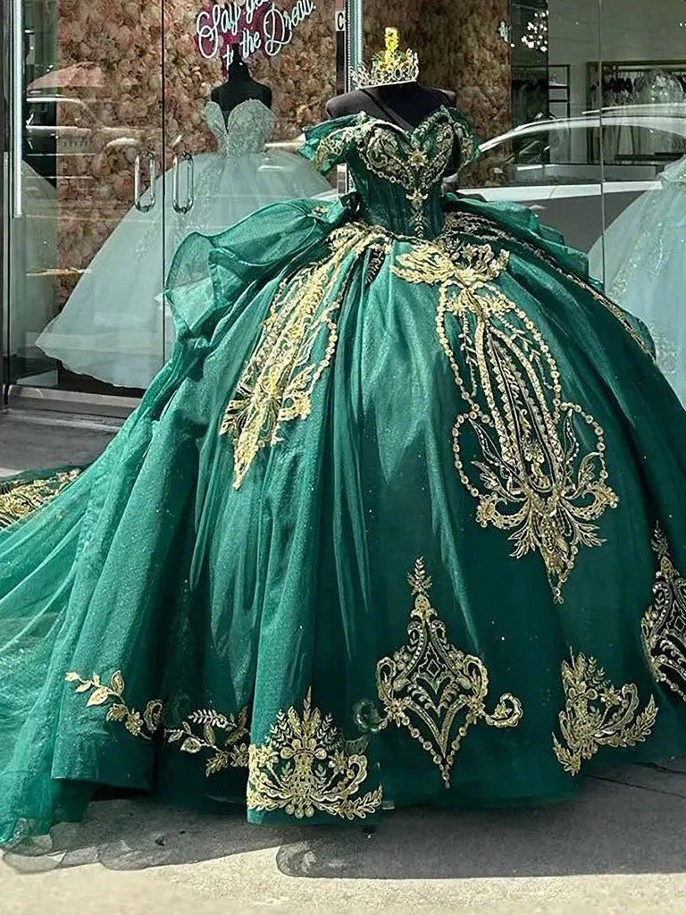 Misshow Exquisite Emerald Green Quinceanera Dress Off-Shoulder Gold La –  misshow.com