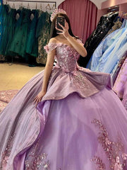 Misshow Exquisite Lilac Tulle Quinceanera Dress Off-Shoulder Lace Applique Ball Gown with Beaded Tiered Ruffles for Sweet 16 & Princess Parties