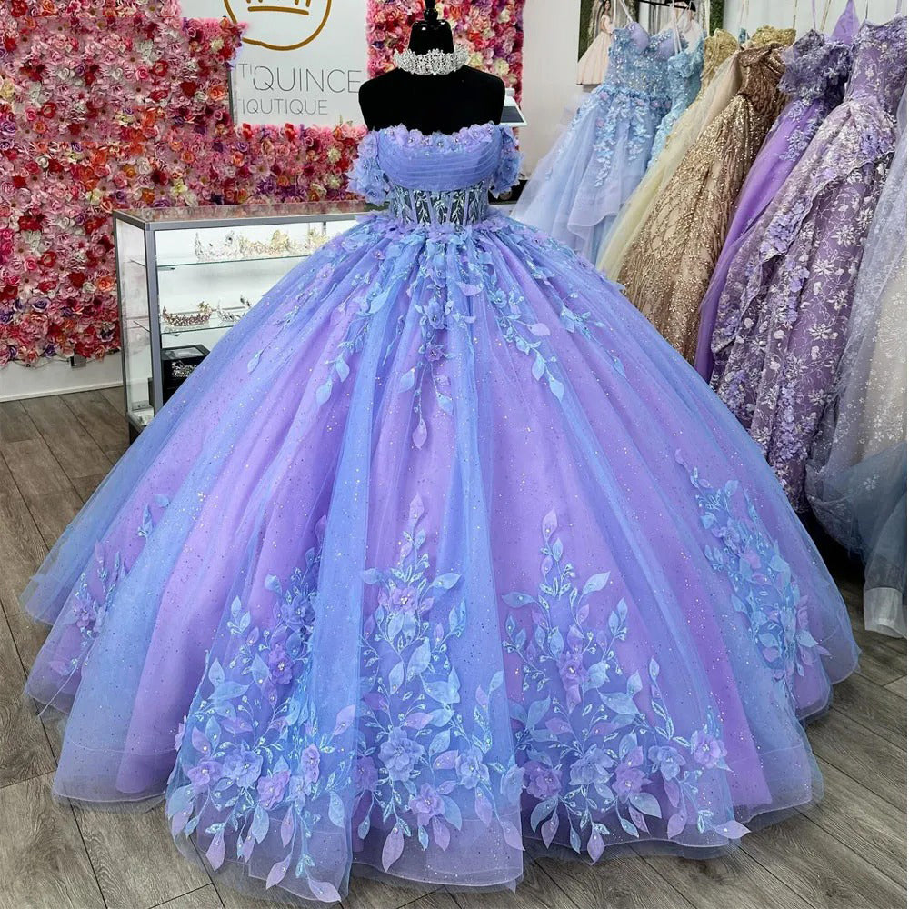 Misshow Exquisite Off-Shoulder Ball Gown 3D Floral Lace Beaded Purple Tulle Quinceanera Dress for Sweet 16 & Princess Galas